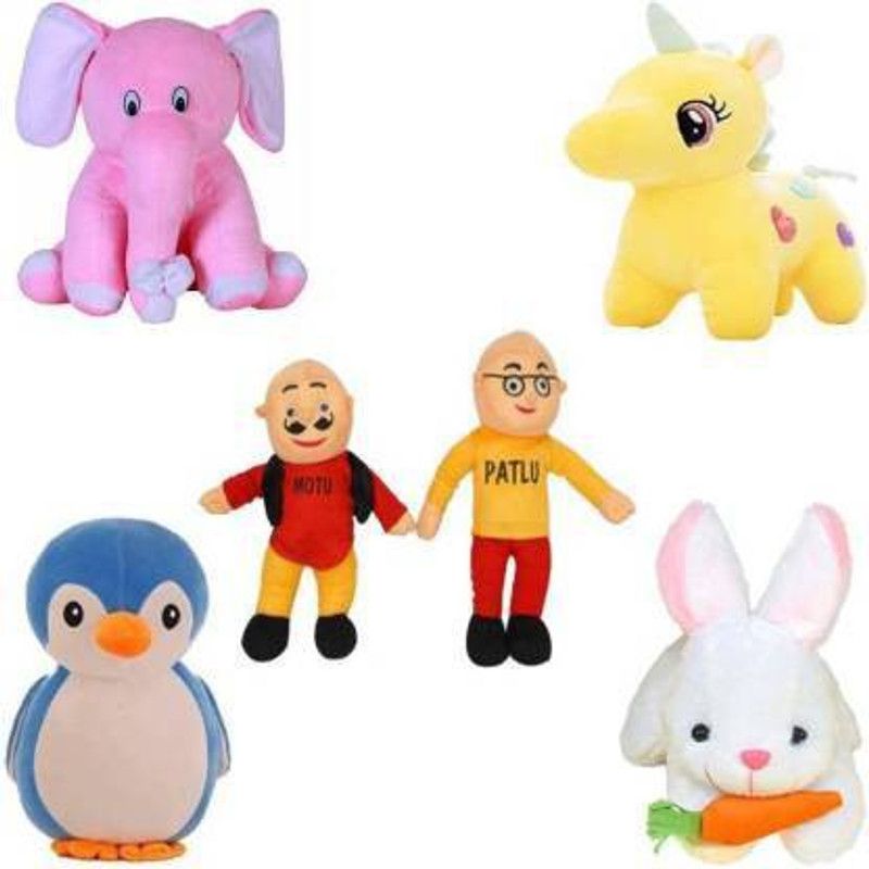 Saubhagye Combo of 5 Pink Elephant,Penguin,Motu Patlu,Unicorn and rabbit stuffed toys-25cm - 25 cm  (Multicolor)