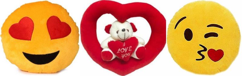 Agnolia Gift Basket Flying kiss and heart Eye Smiley cushion with Hanging Red heart Teddy for valentine/anniversary/birthday/girl/boy Soft toy 21 cm - 21 cm  (Multicolor)