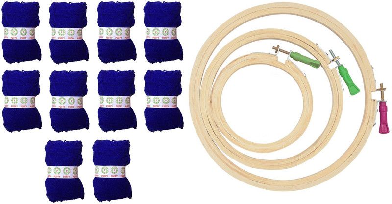 puffy Hand Knitting Art Craft Soft Fingering Crochet Hook Yarn, Needle Knitting Wool Ball, Dyed Ink Blue Pack Of 10 With Round Wooden Frame (6,8,10) Inches Used For Making Hand Made Craft Items