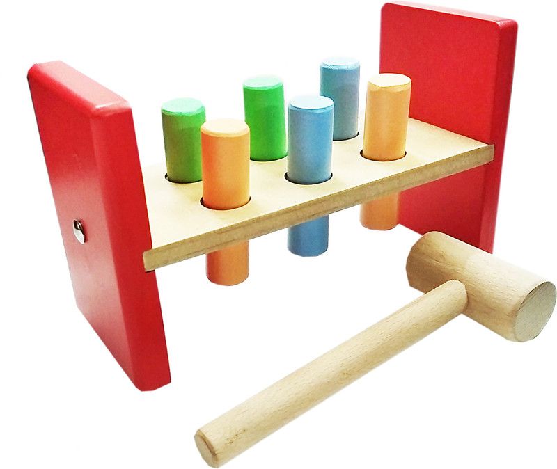 HNT Kids Wooden Hammer with 6 Peg Toy Pounding Bench| Hammering Block |Punch Drop Instruments with Mallet for Early Education of Toddler  (Multicolor)