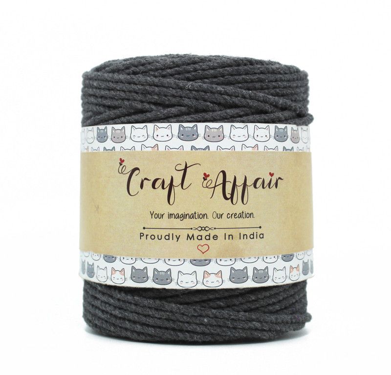 Craft Affair | 3ply Twisted Cotton Macrame Cord (50 M, 3mm) | Craft, DIY -Charcoal