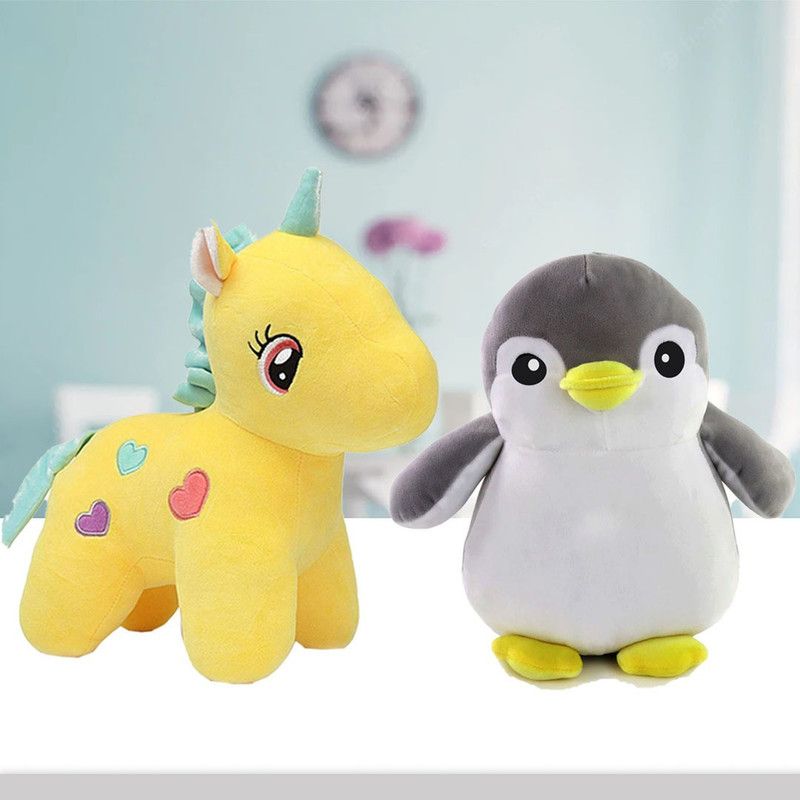 Toyingly Cute Yellow unicorn with grey penguin soft stuffed toy - 40 cm  (Multicolor)