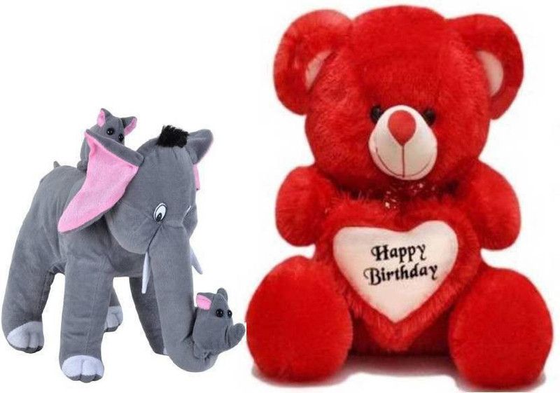 trendsterz Teddy Happy Birthday With Heart and Elephant With Baby Teddy Soft Toy For Kids Toys Birthday Gift - 45 cm  (Multicolor)