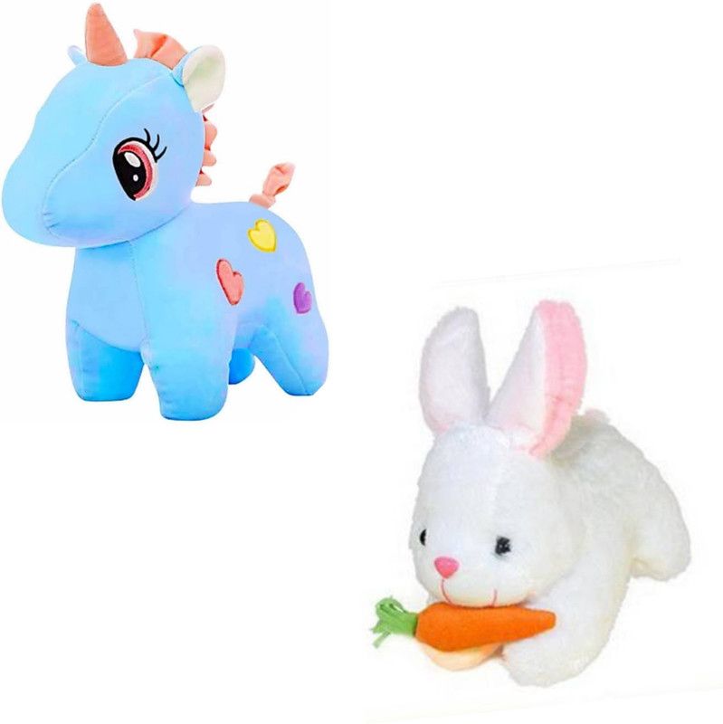 Eguds Special & Cute Combo of High Quality Plush soft toys blue unicorn and white rabbit for Kids, Gift & Decoration - 25 cm  (Multicolor)