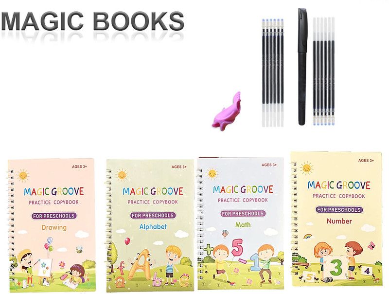 AMUSING Magic Practice Copybook, (4 BOOK + 10 REFILL+ 1 pen +1 grip)  (Multicolor)