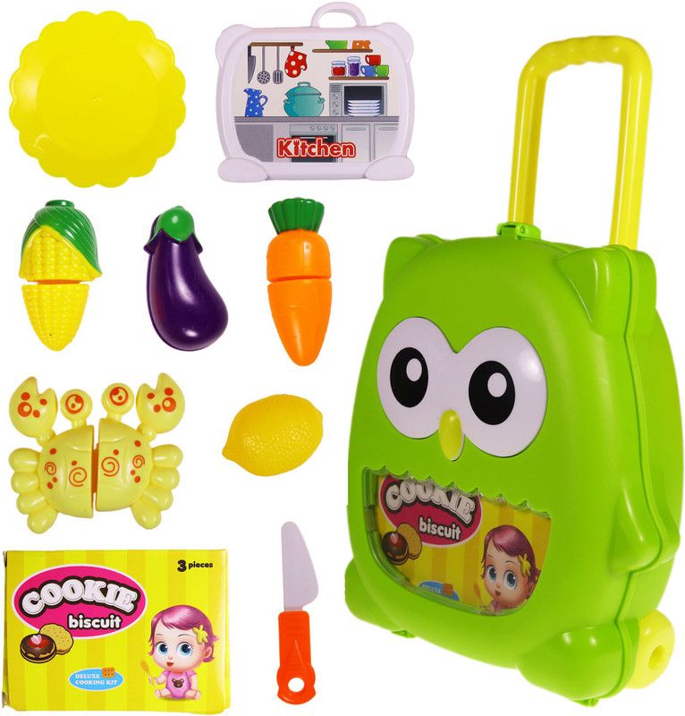 WISHKEY Cute owl shapped Portable Trolly Suitcase Kitchen Set with Pretend Play Accessories for Kids (Green)