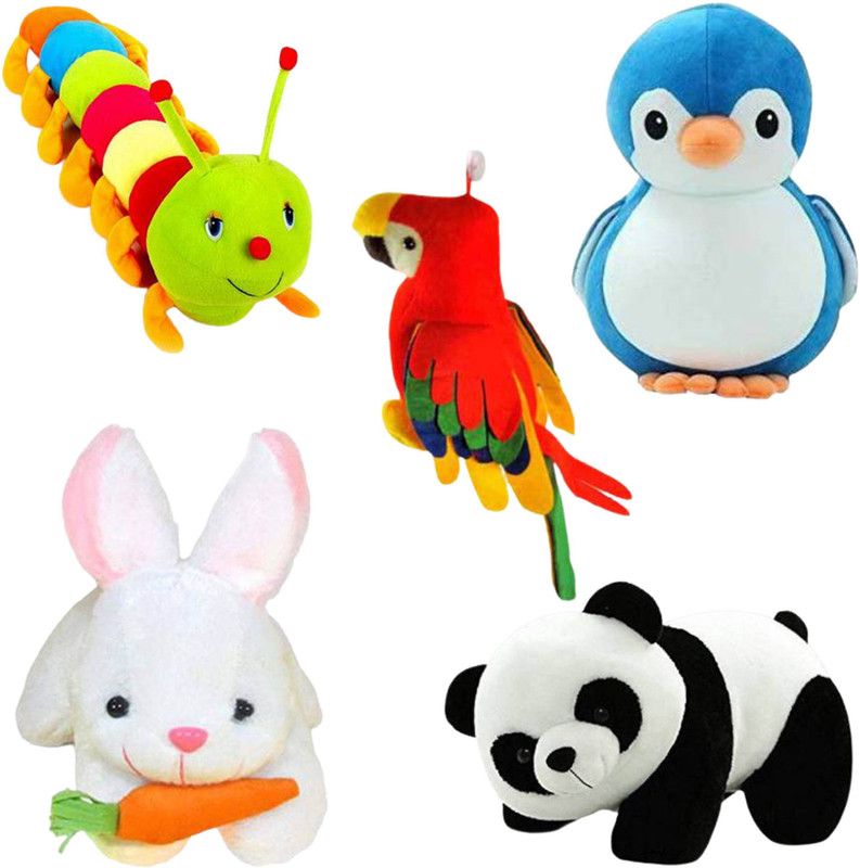 Eguds Special set of 5 combo, caterpillar parrot penguin rabbit panda, gift for kids - 25 cm  (Multicolor)