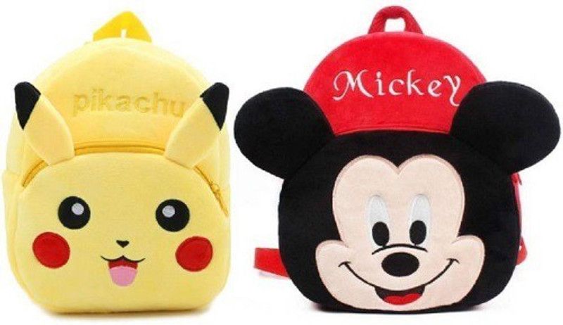 Pocket Whole Embroidered Soft pikachu and mickey school Bag special for kids - 30 cm  (Red, Yellow)