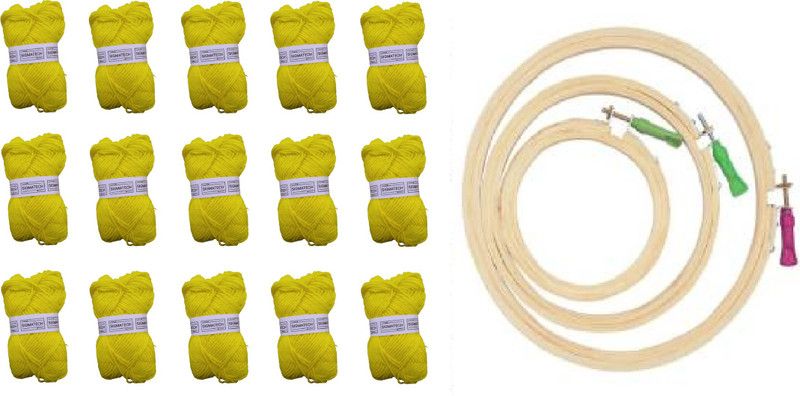 Sigmatech Hand Knitting Art Craft Soft Fingering Crochet Hook Yarn, Needle Knitting Wool Ball, Dyed yellow Pack Of 15 With Round Wooden Frame (6,8,10) Inches Used For Making Hand Made Craft Items