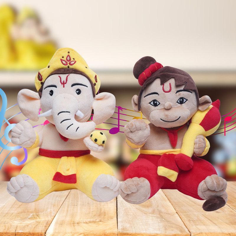 Panda's Box Mantra Chanting Musical Baby Ganesha & Hanuman Plush Toys Combo Set - 20 cm  (Multicolor)