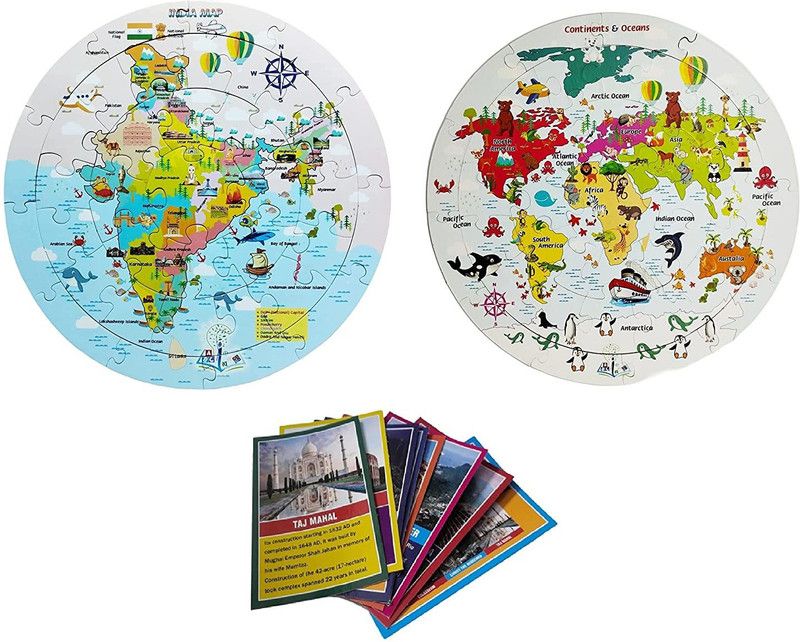DgCrayons India Map and Ocean & Continents Jigsaw Puzzle with 7 World Wonders Flash Cards  (76 Pieces)