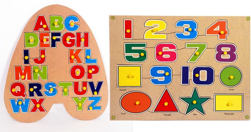Toyvala Wooden Puzzle Board for Kids - Capital Alphabets A Shaped & 1-10 With 6 Different Shapes Wooden Learning Jigsaw Puzzle 3D Wooden Board - Learning & Educational Gift for Kids ( Combo Of 2 )  (42 Pieces)