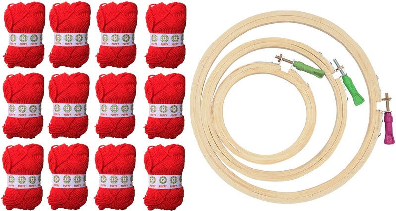 puffy Hand Knitting Art Craft Soft Fingering Crochet Hook Yarn, Needle Knitting Wool Ball, Dyed Light Red Pack Of 12 With Round Wooden Frame (6,8,10) Inches Used For Making Hand Made Craft Items