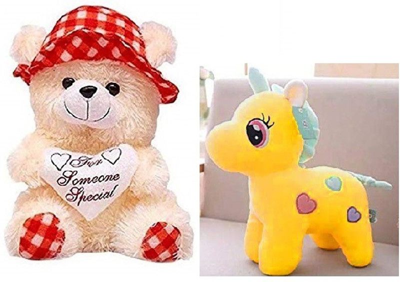 MPR ENTERPRISES Cream in Red Cap & Yellow Unicorn Soft toy for Kids Playing teddy Bear in size Of 30 Cm long Set - 2 - 30 cm  (Multicolor)