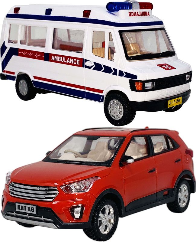 Gift Box Set Of 2 Small Size Made Of Plastic Indian Replica Ambulance Toy + Indian Compact SUV Car Toy For Kids| Children Playing Toys| Very Small Size|(2 COMBO OFFER)  (White, Red, Pack of: 2)