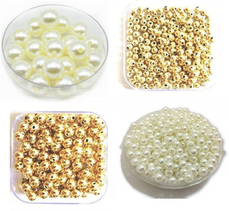 Adhvik Pack of 400 Gram (1100 Pc Approx) 8mm & 12mm White and Gold Pearl Bead Moti Ball