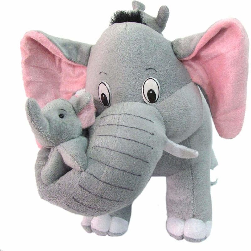 Tiny Miny Mother Elephant with Two Baby Stuffed Soft Plush Animal Toy for Kids - 35 cm  (Grey)