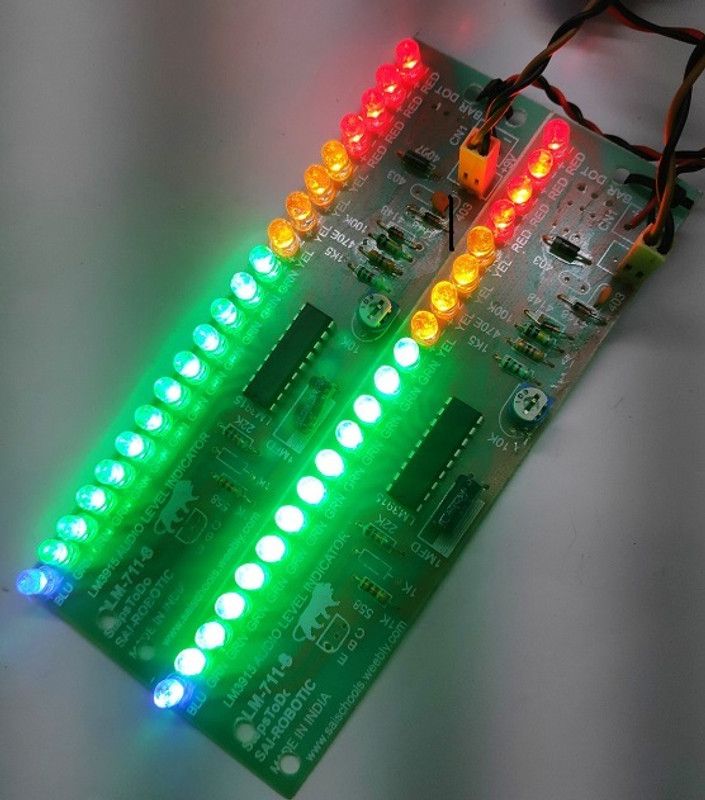 SAI ROBOTIC LM3915 Stereo Audio Level Indicator Ready Module Sound Audio Spectrum Analyzer = 2 Pcs ( For Stereo mode ) DC6V-12V 10 Segment ( 21 L.E.D. – 12 Green, 4 Yellow, 4 Red, 1 Blue ) with Report Display Lights Electronic Hobby Kit