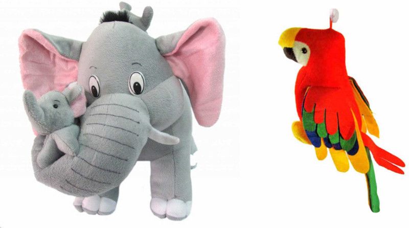 Deals India Mother Elephant With 2 Babies Soft Toy - 38 cm and musical parrot (25 cm) combo - 38 cm  (Multicolor)