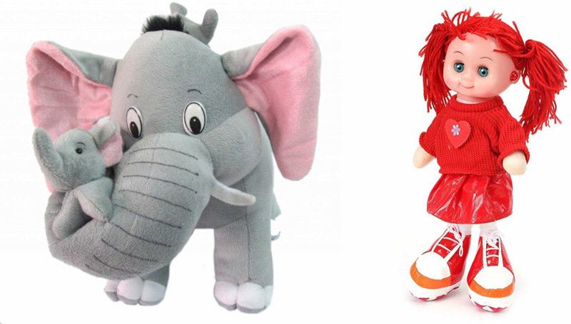 Deals India Mother Elephant With 2 Babies Soft Toy - 38 cm and musical doll(32 cm) combo - 38 cm  (Multicolor)