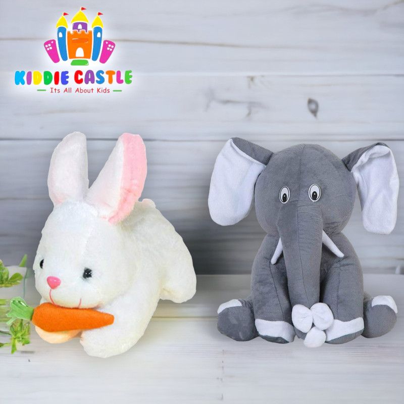 Kiddie Castle Combo Of Rabbit with Carrot and Grey Sitting Elephant Height - 25 cm  (Multicolor)