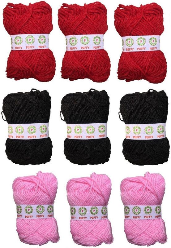 puffy Hand Knitting Art Craft Soft Fingering Crochet Hook Yarn, Needle Knitting Thread For Wool Ball Hand Knitting Art Craft Soft Fingering Yarn, Needle Knitting Thread Dyed Black Light Pink And Dark Red Color (Pack Of 9)
