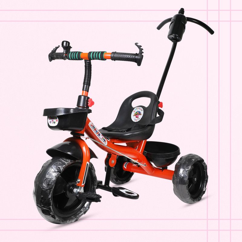 DIYANK DY ORANGE HANDLE BACK AND FRONT BASKET FOR INFANTS-11 Tricycle  (Orange, Black)