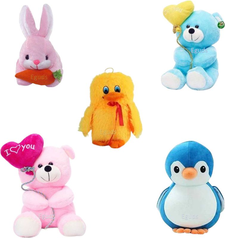 Eguds Very special pack of 5 balloon teddy, rabbit, penguin & cute duck soft toys / adorable plushies/ for kids and all your loved ones - 25 cm  (Blue, Yellow, Pink)