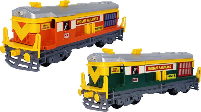 Gift Box Set Of 2 Small Size Made Of Plastic Indian Replica Engine Train Toy For Children| Playing Toy For Babies And Kids| Use As Showpiece|(2 Combo Offer)  (Green, Orange)