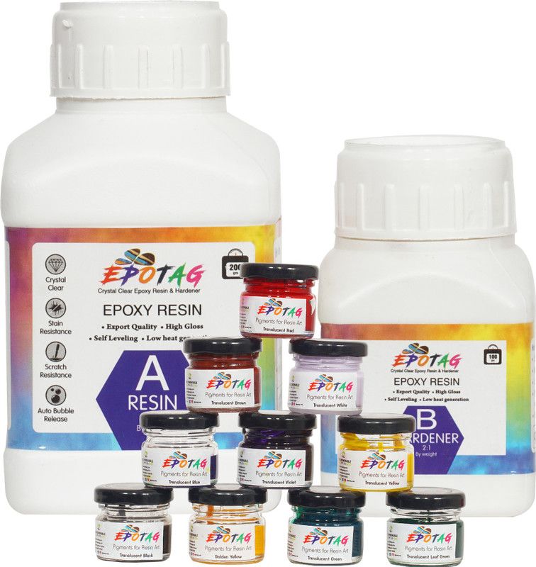 Epotag Epoxy Resin and Hardener Kit Crystal Clear for Jewelry DIY Art Crafts Cast Coating Wood,Easy Cast Resin (300 Gms) With Art Resin Pigment - Translucent Kit- 20g Each