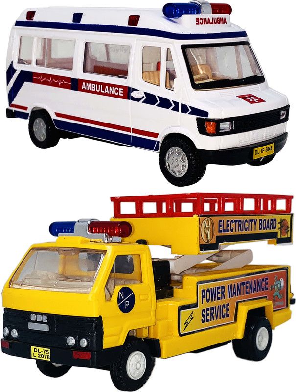 Gift Box Pack Of 2 Small Size Made From Plastic Indian Automobile Ambulance Toy + Electricity Board Truck Toy For Children| Playing Toys For Babies And Kids| Use As Showpiece|(2 COMBO OFFER)  (White, Yellow, Pack of: 2)