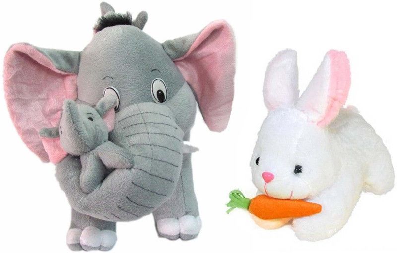 DMGC Mother Elephant With 2 Babies Soft Toy - 38 cm and White Rebbit 24 cm - 30 cm  (Multicolor)