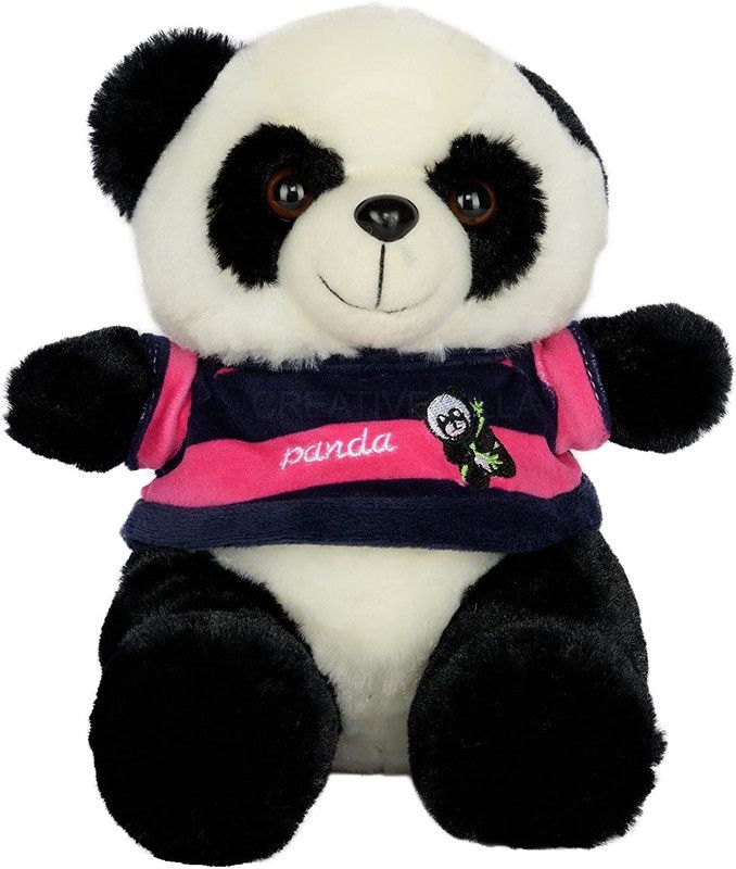 CREATIVEVILLA Pink-Blue Line T-Shirt Panda Stuffed Plush Soft Toy AST010335 - 35 cm  (Pink-Blue Line T-Shirt Panda)