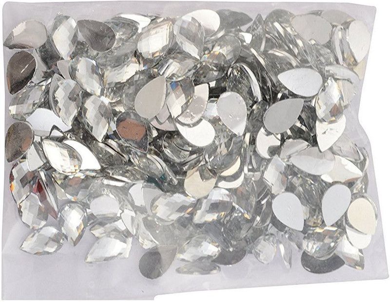 Crafto Drop Shape Crystal Edged Silver Acrylic Stones Kundans for Jewellery Making - Pack of 400 Stones - Silver