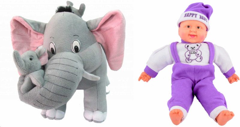 Deals India Mother Elephant With 2 Babies Soft Toy - 38 cm and musical happy baby boy laughing(36 cm) combo - 38 cm  (Multicolor)