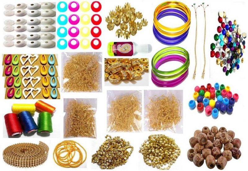 puffy Silk Thread Jewellery Making Kit, 50 Pair Jhumka Earring Base,Jewellery Making Materials,Full Of Jewellery Making Items,Beads (Wooden & Plastic) All Items Set With Silk Thread (20 Items)