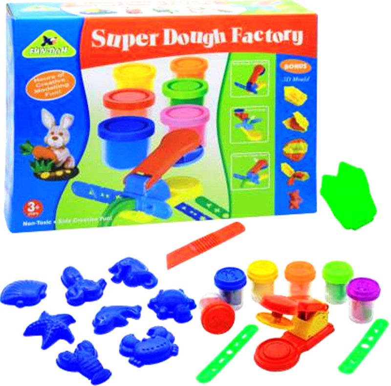 Gift Collection Ekta Dough Factory Senior with 6 tubs of fun dough with cap molds, 2 in 1 Fun-Doh Extruder with 2 extrusion strips, 8 moulds, 1 3D Mould and Dough Knife