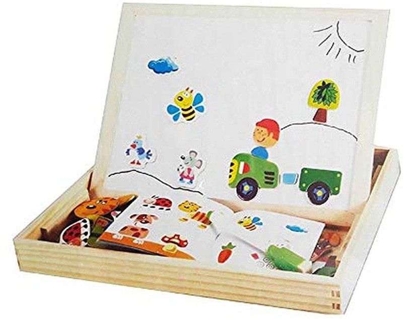 RVM Toys Wooden Black and Magnetic White Board for Writing and Reading with 100+ Puzzle Pieces for Educational Learning Toy For Kids Toddlers (Farm Animal Puzzle)  (Multicolor)