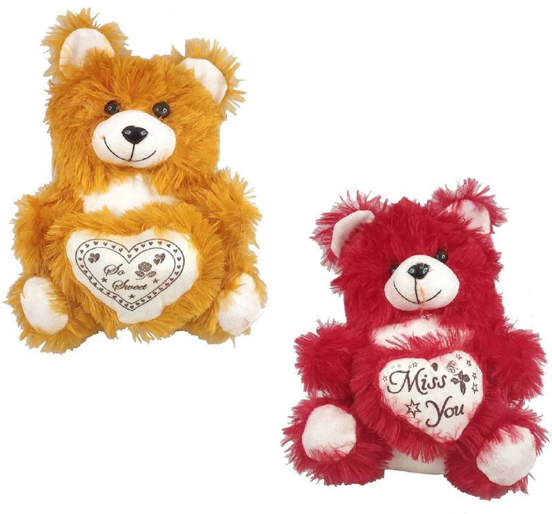 Uniqon Pack of 2 (Size:21x25cm) Brown & Red Teddy Bear Soft Fur Stuffed Toy For Kids - 25 cm  (Multicolor)