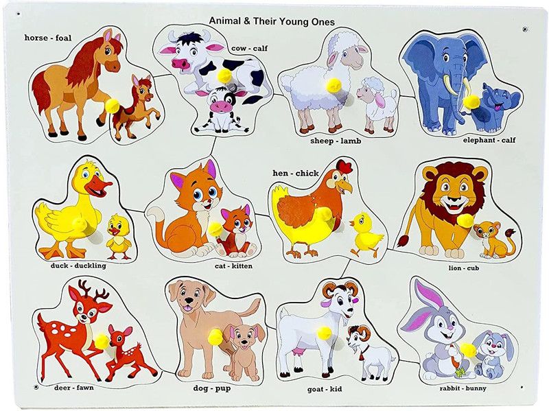 DgCrayons Wooden Animals & Their babies Puzzle Board Tray With Knobs &Picture for Kids  (Multicolor)