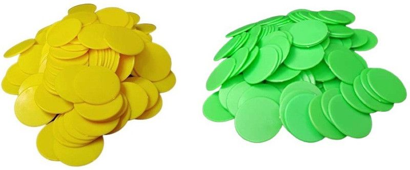 MOREL YELLOW & GREEN PLASTIC ROUND PLAIN TOKEN COIN, FOR GAMES, STORE, BANK, SCHOOL.  (Yellow, Green)