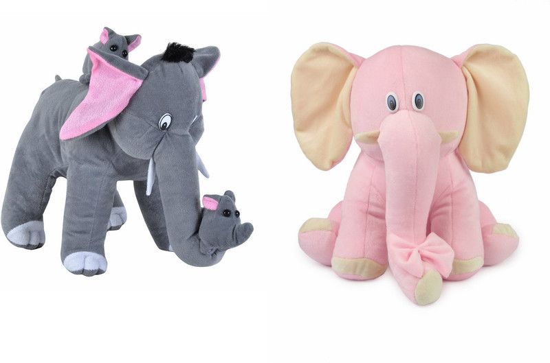 Deals India Mother Elephant With 2 Babies Soft Toy - 38 cm and Pink Elephant (25 cm) combo - 38 cm  (Multicolor)