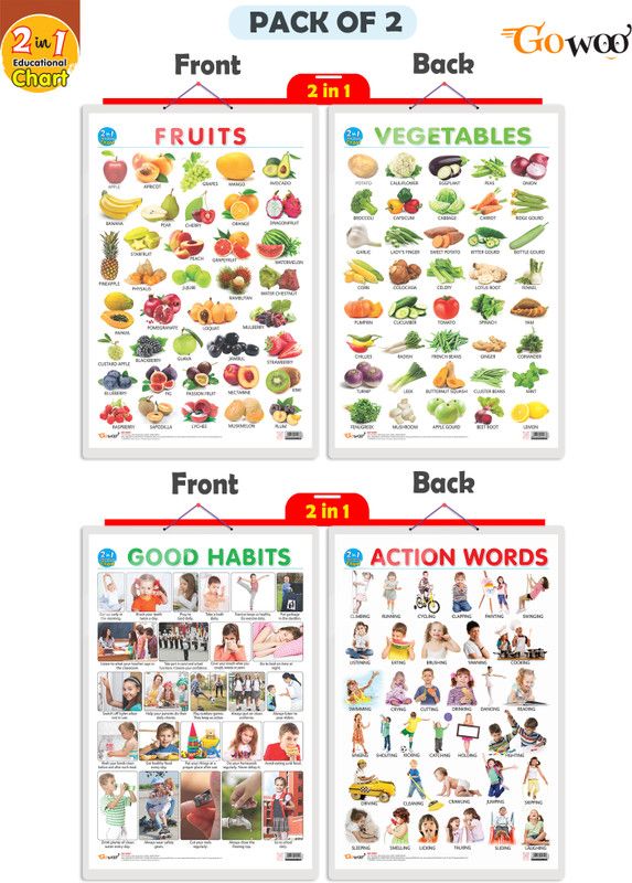 GO WOO Packof2|2 IN 1 FRUITS&VEGETABLES and 2 IN 1 GOOD HABITS AND ACTION WORDS Charts  (Maroon)