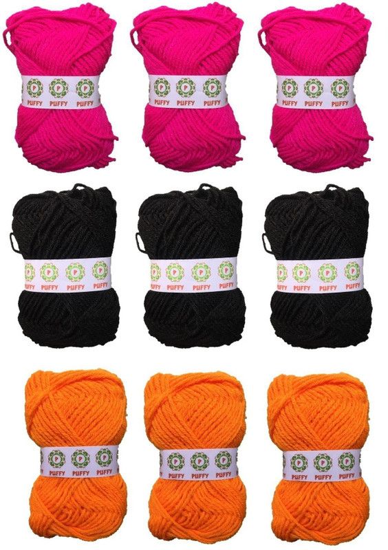 puffy Hand Knitting Art Craft Soft Fingering Crochet Hook Yarn, Needle Knitting Thread For Wool Ball Hand Knitting Art Craft Soft Fingering Yarn, Needle Knitting Thread Dyed Black Light Orange And Dark Pink Color (Pack Of 9)