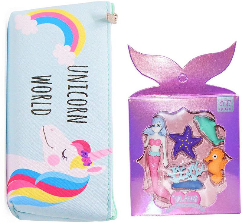 Ajauni Perfect Gift Set For Kids Unicorm World Pouch / Mermaid Eraser Gift Set  (Orange)