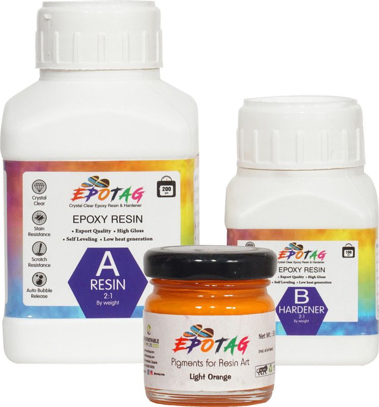 Epotag Epoxy Resin and Hardener Kit Crystal Clear for Jewelry DIY Art Crafts Cast Coating Wood,Easy Cast Resin (300 Gms) With Art Resin Pigment - Light Orange- 50g