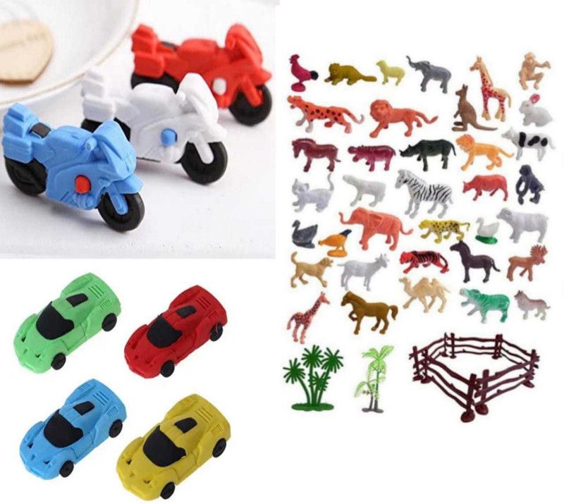 imtion 3 in 1 ( 12 Pcs Animal set +1 Car shape eraser + 1 New bike shape eraser )