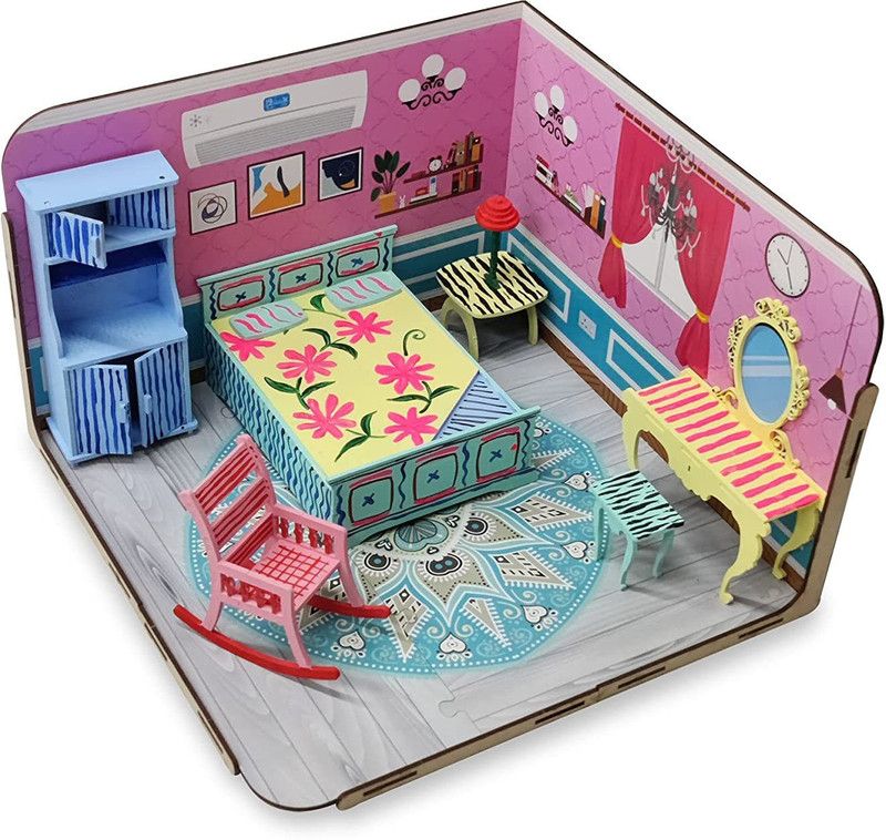 Webby DIY Build & Paint Bedroom with Furniture Wooden Dollhouse Kit for Kids  (Multicolor)
