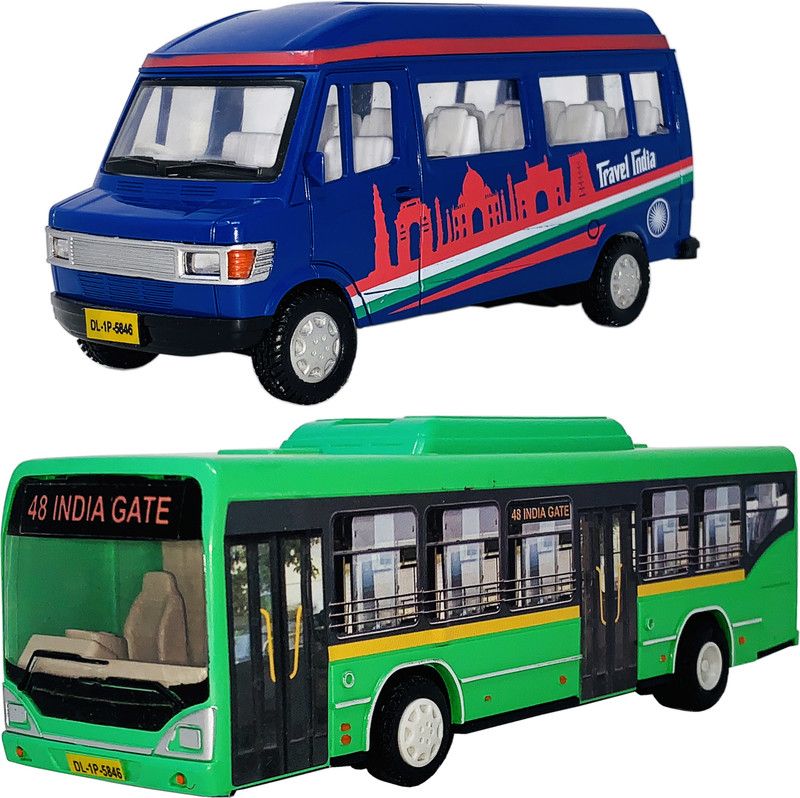 Gift Box Pack Of 2 Small Size Made From Plastic Indian Automobile Tempo Tourist Bus Toy + Interstate Passenger Bus Toy For Children| Playing Toys For Babies And Kids| Use As Showpiece|(2 COMBO OFFER)  (Blue, Green, Pack of: 2)