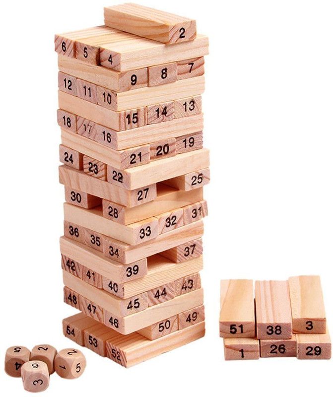 SEASPIRIT Zenga Wooden Building Blocks Puzzle 54 Pcs Challenging 4pcs Dice Wooden Zenga Stacking Game Maths  (Brown)
